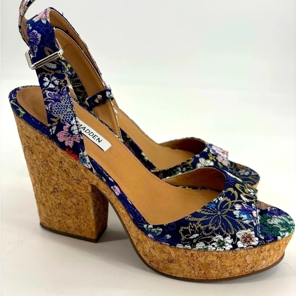 Steve Madden embroidered floral satin cork ankle strap platform shoes 9 no box